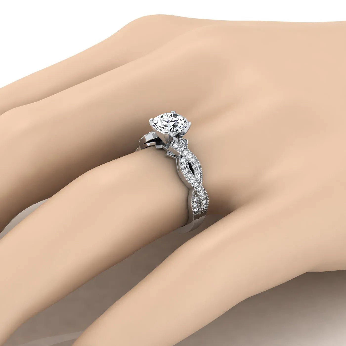 14K White Gold Round Brilliant Antique Twisted Open Beaded Diamond Halo Engagement Ring -1/5ctw