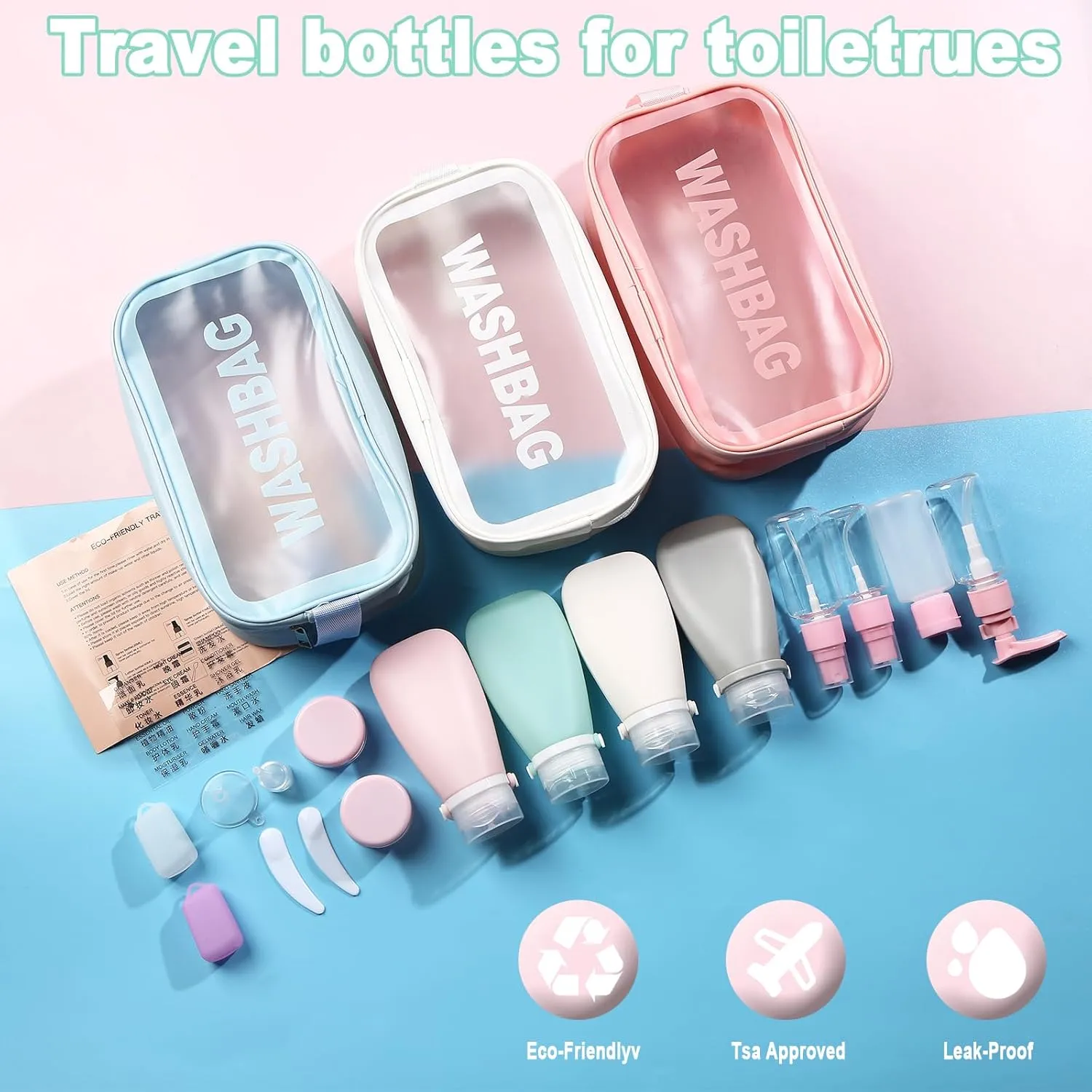 18 Pcs Travel Bottles Set for Toiletries TSA Approved, Leak Proof Travel Bottles, Travel Toiletry Bag Set Comes with 3 oz travel bottles, Funnel, Toothbrush Cover