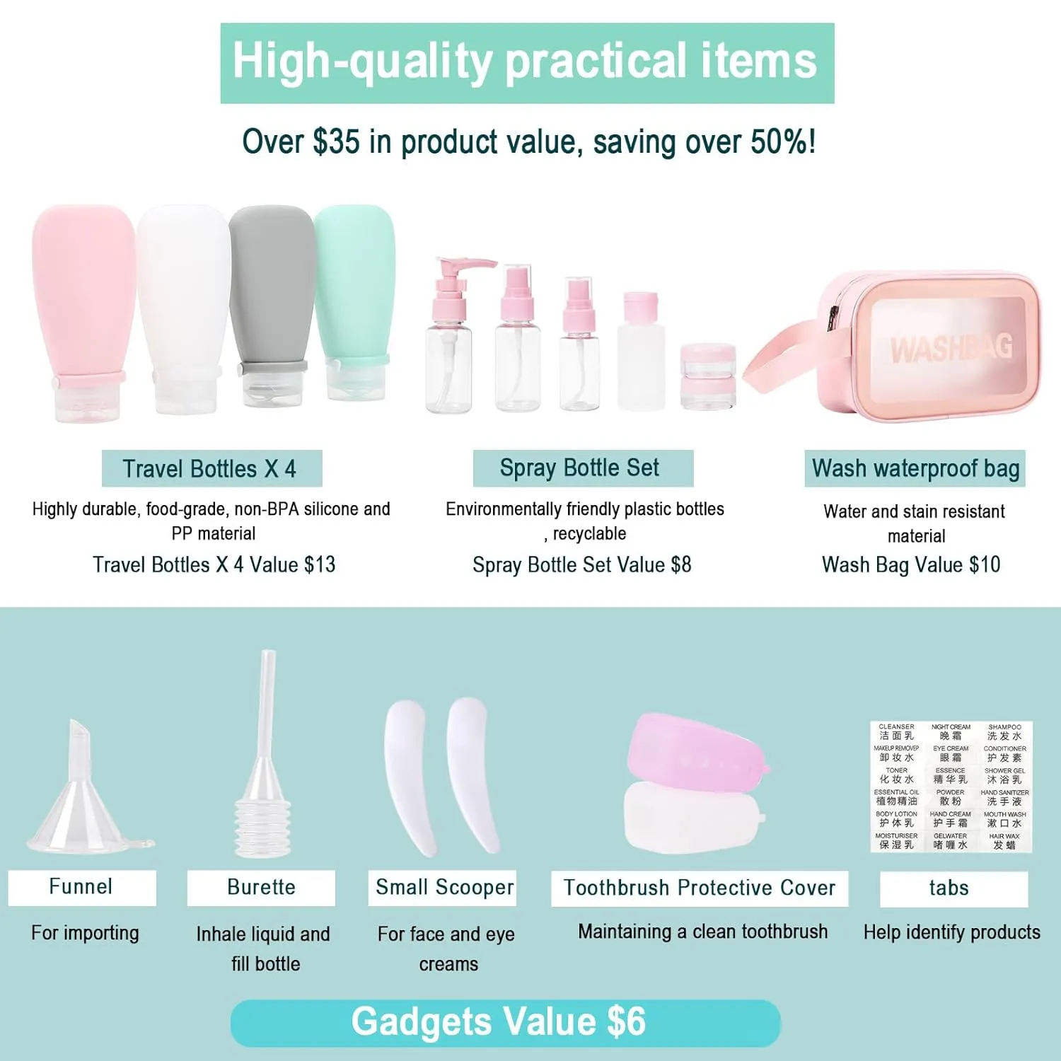 18 Pcs Travel Bottles Set for Toiletries TSA Approved, Leak Proof Travel Bottles, Travel Toiletry Bag Set Comes with 3 oz travel bottles, Funnel, Toothbrush Cover