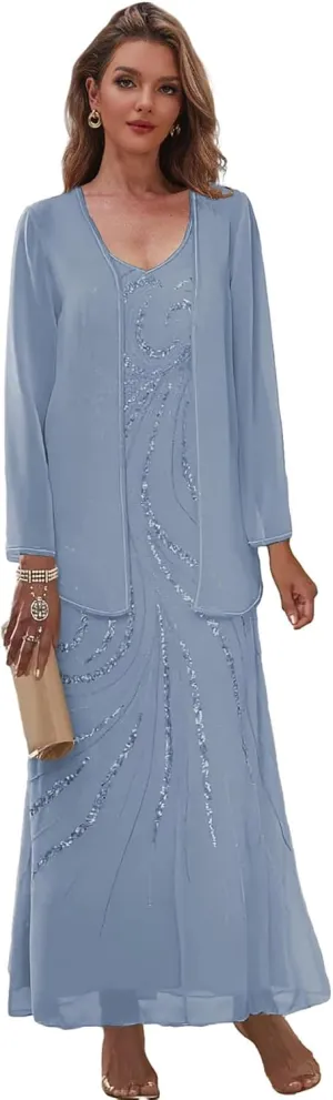 2 Pieces Mother of The Bride Dresses with Jacket Chiffon Wedding Party Dress for Women Sequin Formal Gown