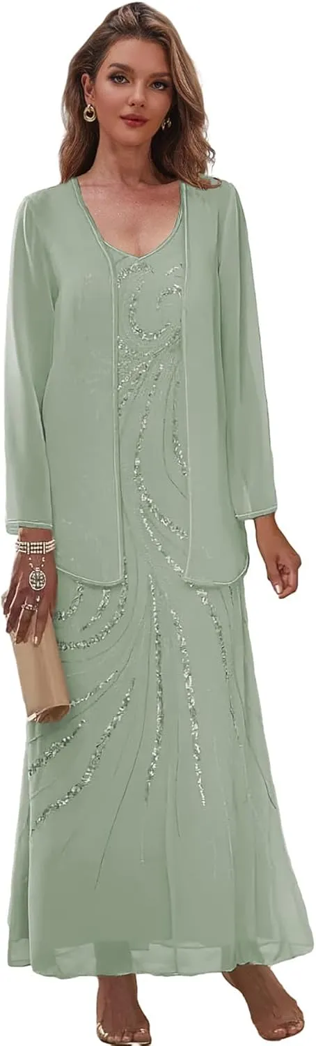 2 Pieces Mother of The Bride Dresses with Jacket Chiffon Wedding Party Dress for Women Sequin Formal Gown
