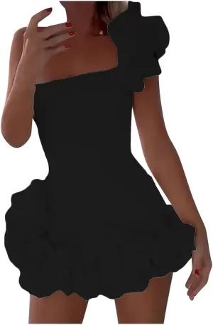 2023 Women Sexy Ruffles One Shoulder Dresses Sleeveless Ruched Bodycon Mini Dress Cocktail Party Outfits Clubwear