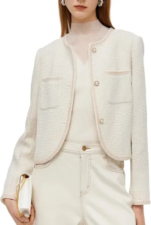 2025 Classic Tweed Blazers for Women Long Sleeve Cropped Casual Work Suit Jacket Work Blazer