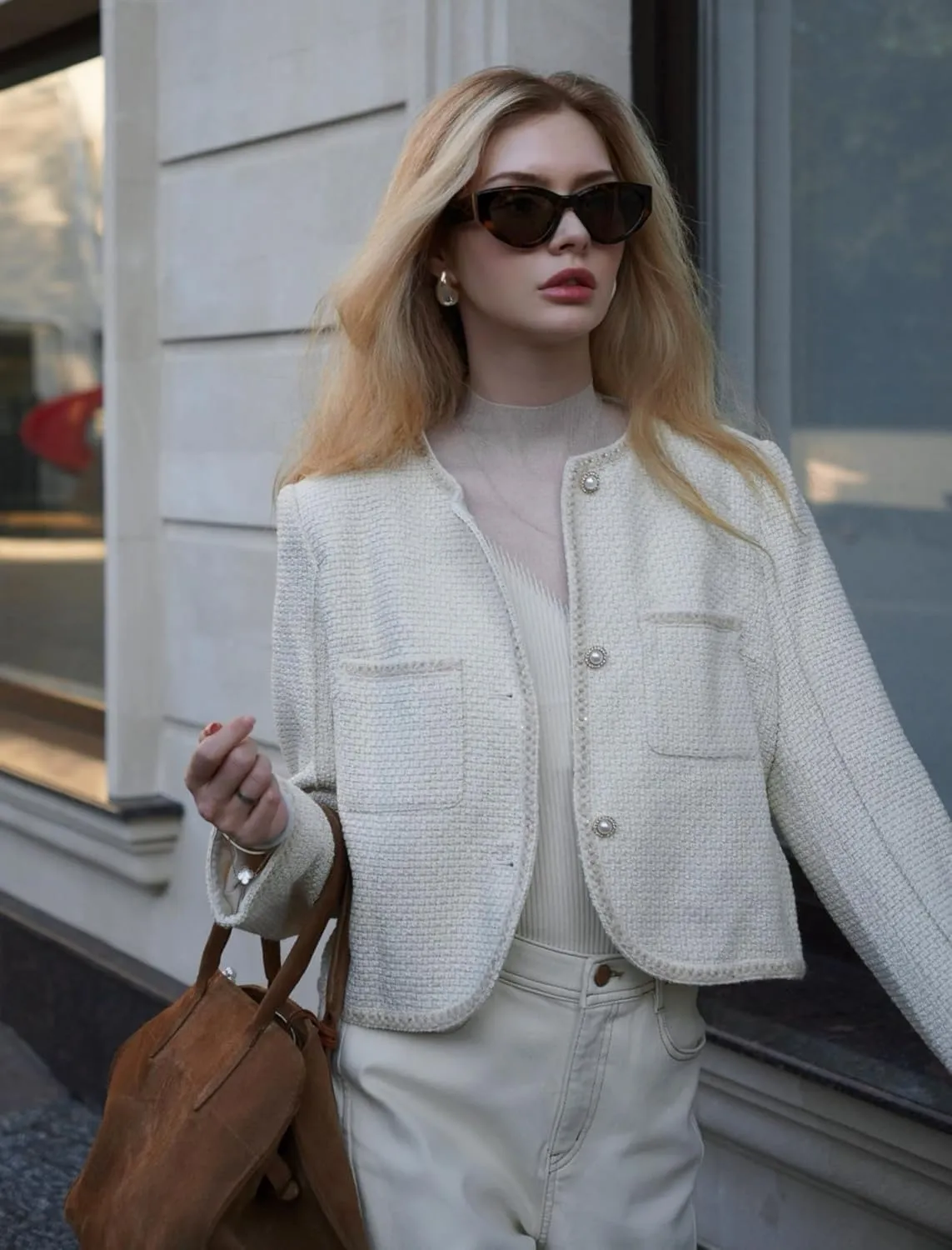 2025 Classic Tweed Blazers for Women Long Sleeve Cropped Casual Work Suit Jacket Work Blazer
