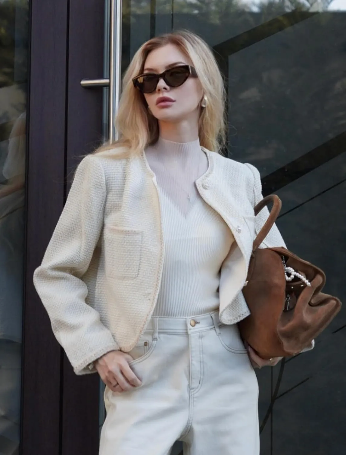 2025 Classic Tweed Blazers for Women Long Sleeve Cropped Casual Work Suit Jacket Work Blazer