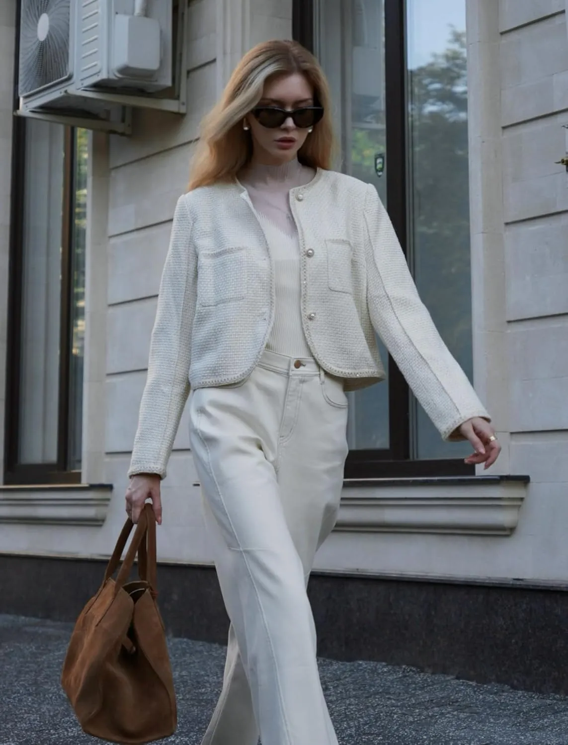 2025 Classic Tweed Blazers for Women Long Sleeve Cropped Casual Work Suit Jacket Work Blazer
