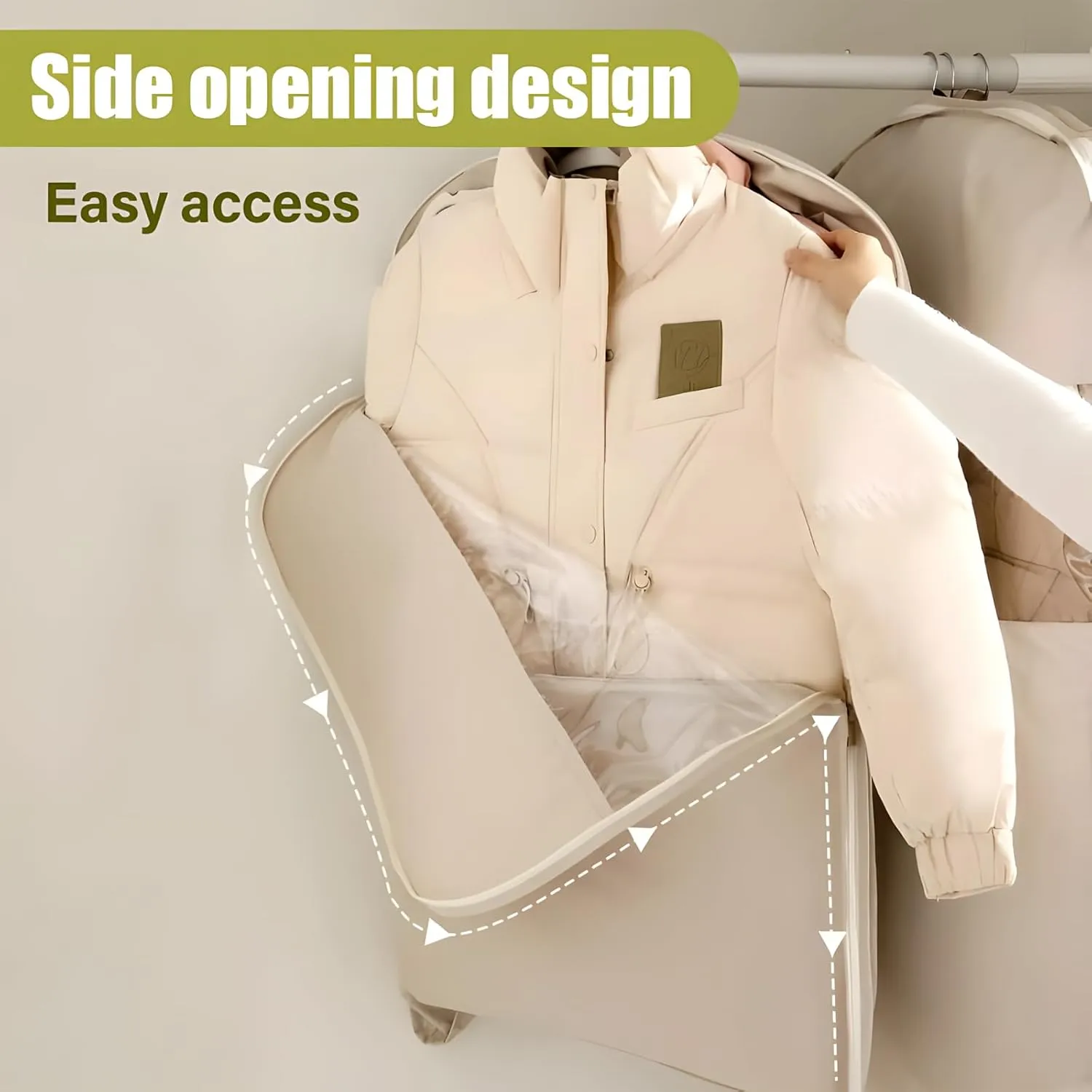 2025 New Hanging Garment Bags with Self Compression Zipper, Dust Cover Clothes Organizer & Protector for Down Coat Jackets, Shirts and Sweater (Beige, M)