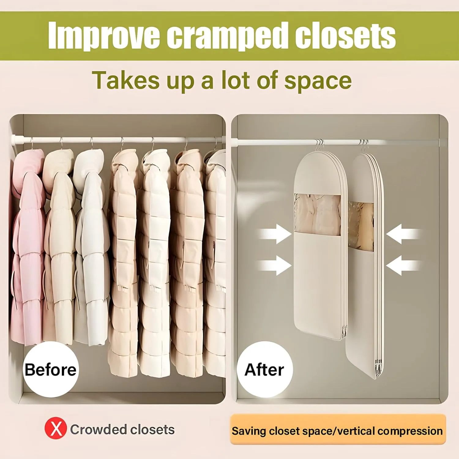2025 New Hanging Garment Bags with Self Compression Zipper, Dust Cover Clothes Organizer & Protector for Down Coat Jackets, Shirts and Sweater (Beige, M)