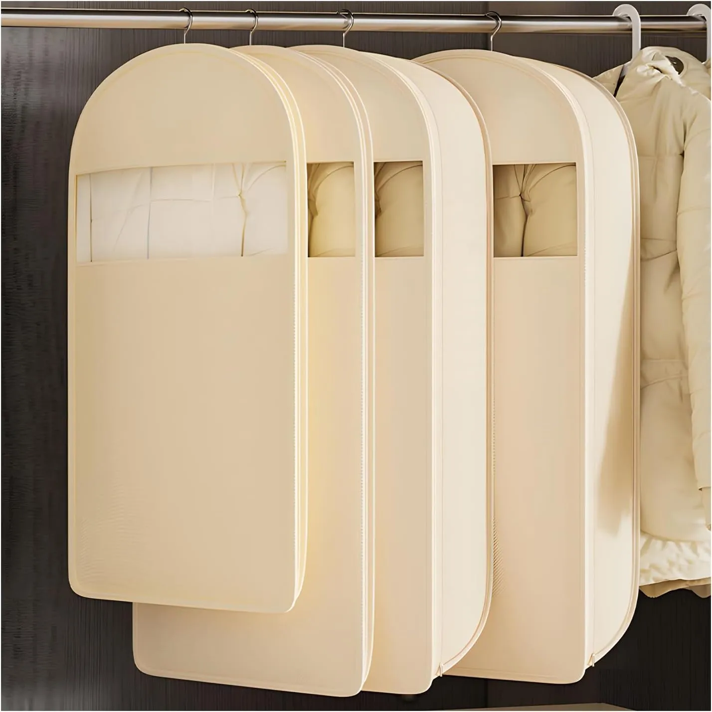 2025 New Hanging Garment Bags with Self Compression Zipper, Dust Cover Clothes Organizer & Protector for Down Coat Jackets, Shirts and Sweater (Beige, M)