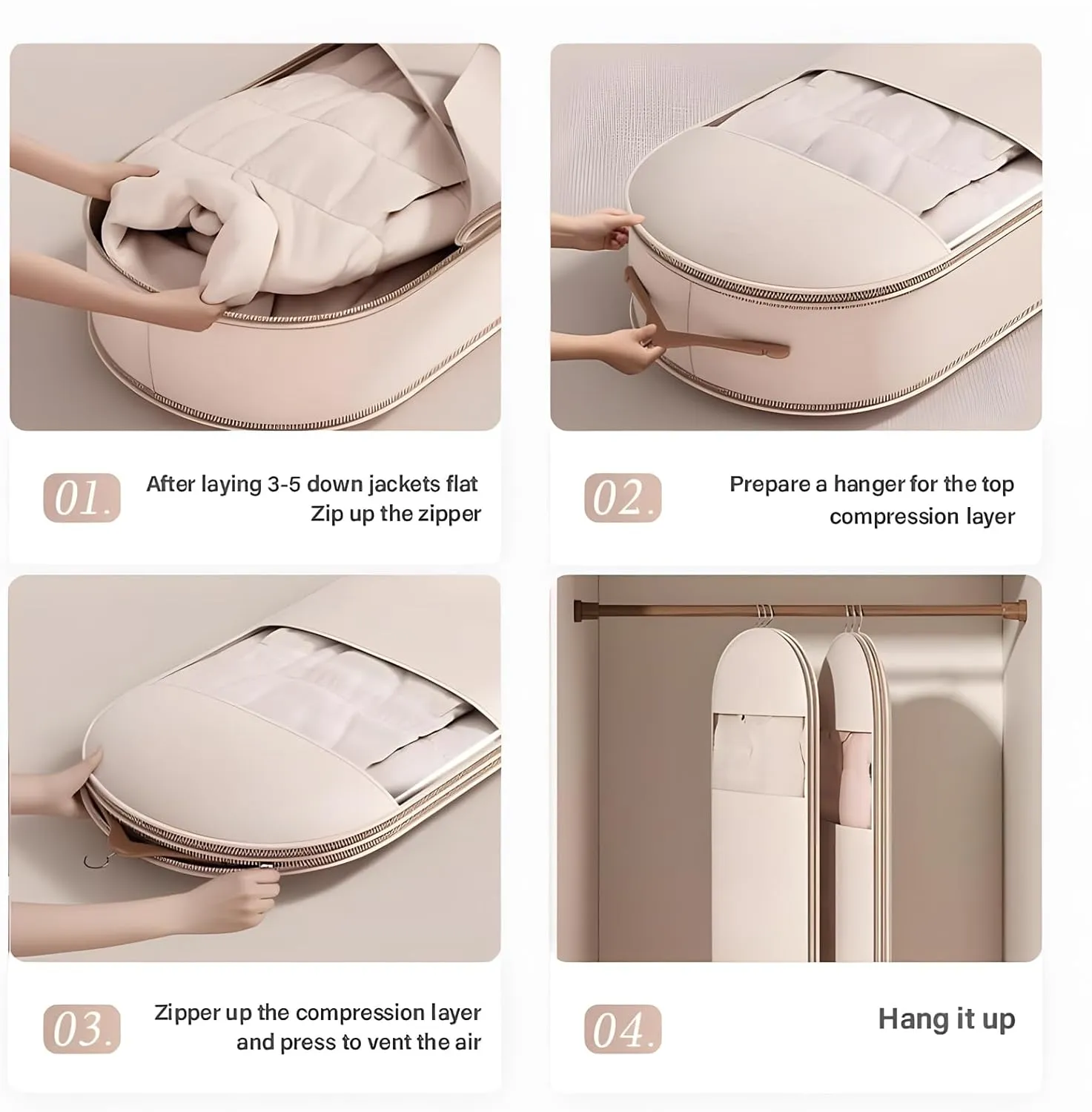 2025 New Hanging Garment Bags with Self Compression Zipper, Dust Cover Clothes Organizer & Protector for Down Coat Jackets, Shirts and Sweater (Beige, M)
