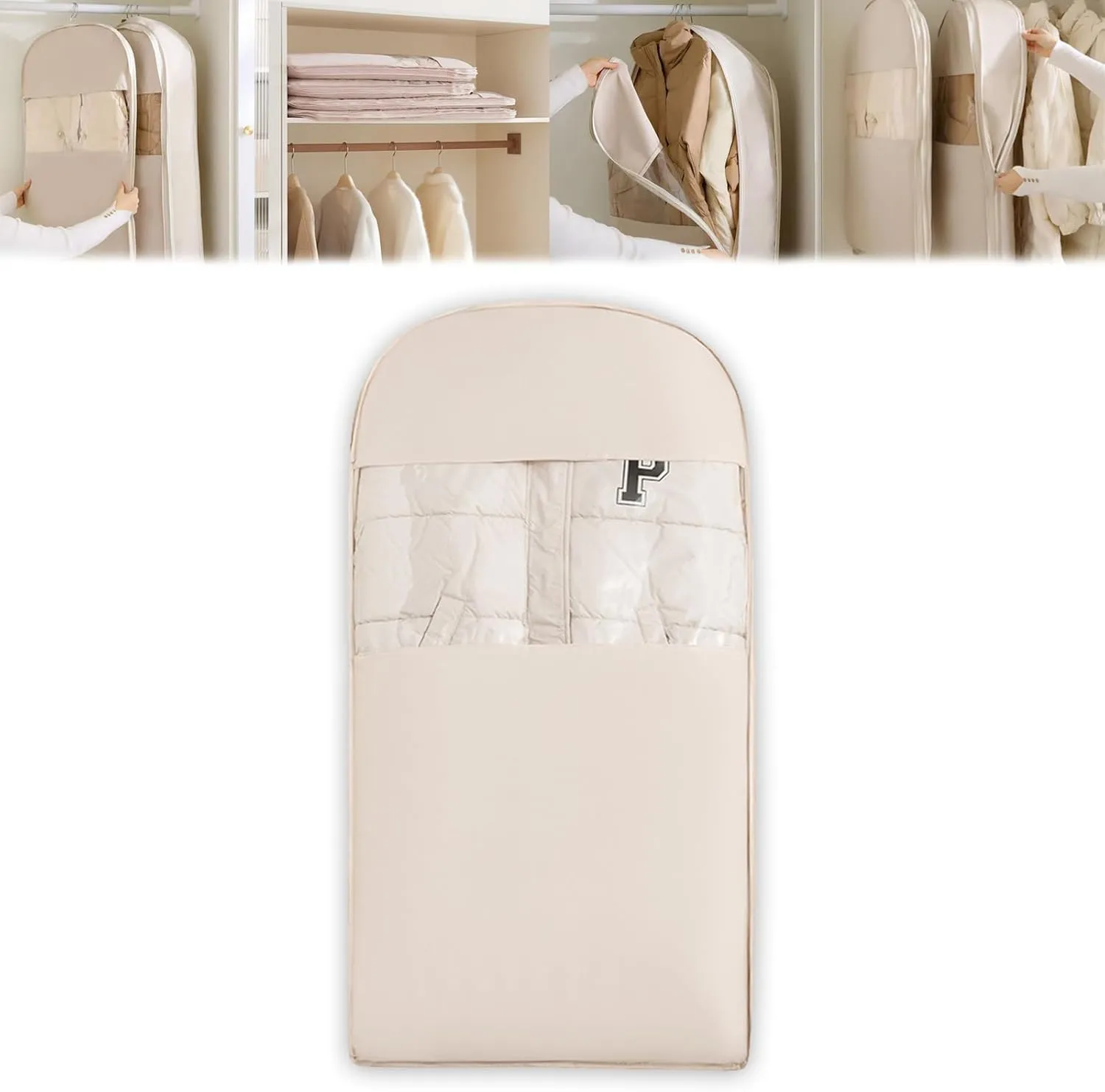 2025 New Space Saving Hanging Garment Bag, with Self Compression Zipper, Dust Cover Clothes Storage Bags for Down Coat, Space Saver Clothes Bags, Suitable for Long-Term Storage Organizers (Beige, L)