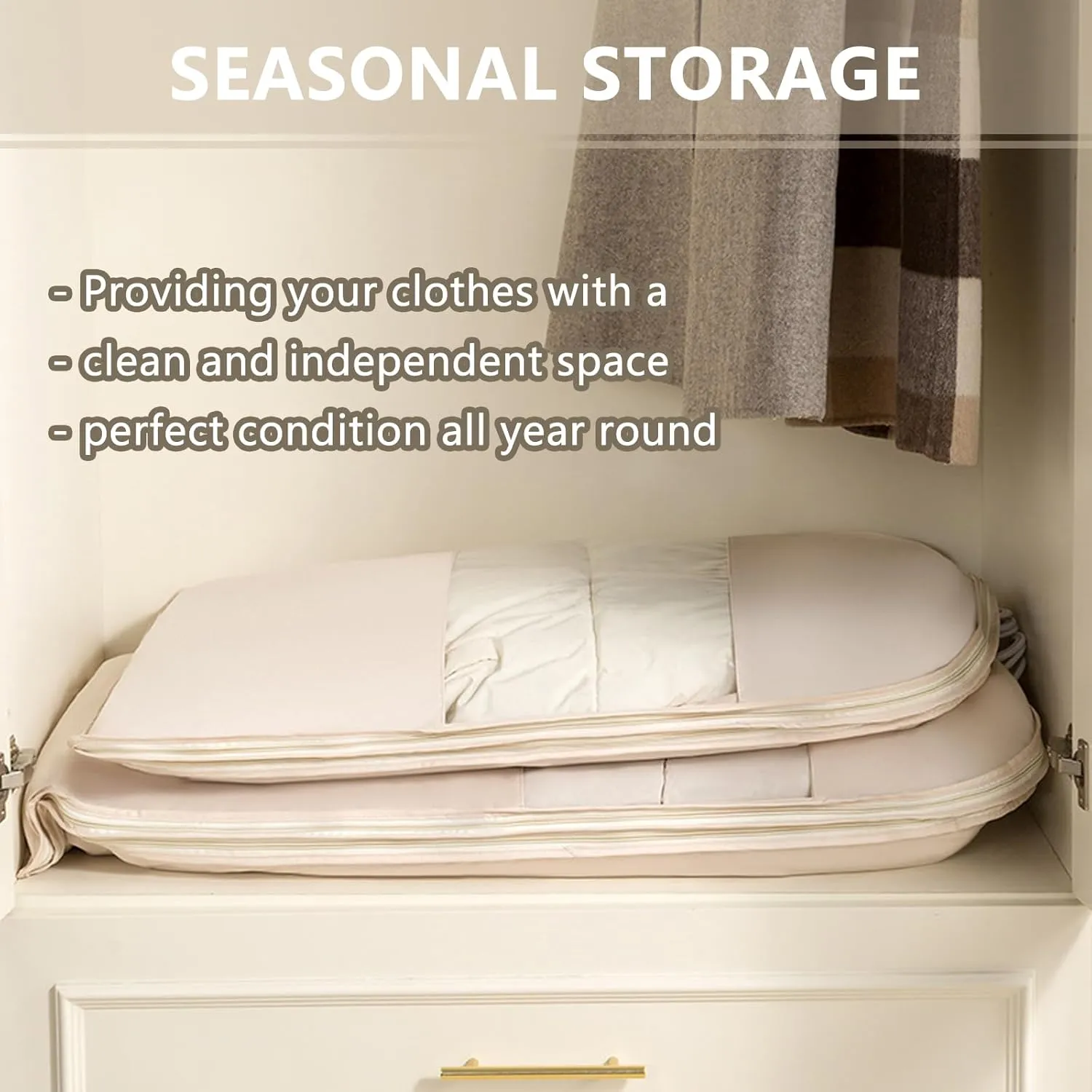 2025 New Space Saving Hanging Garment Bag, with Self Compression Zipper, Dust Cover Clothes Storage Bags for Down Coat, Space Saver Clothes Bags, Suitable for Long-Term Storage Organizers (Beige, L)