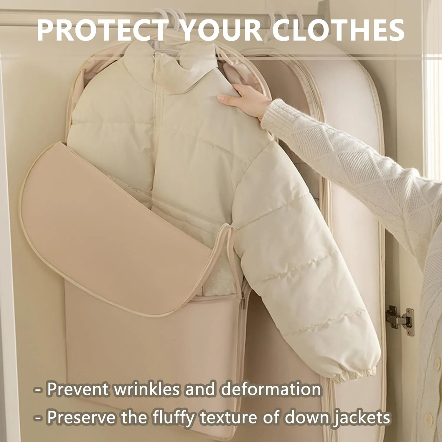2025 New Space Saving Hanging Garment Bag, with Self Compression Zipper, Dust Cover Clothes Storage Bags for Down Coat, Space Saver Clothes Bags, Suitable for Long-Term Storage Organizers (Beige, L)