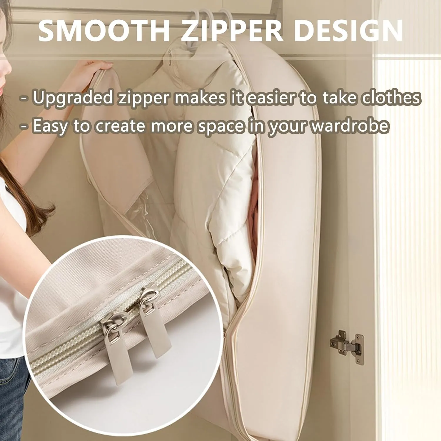 2025 New Space Saving Hanging Garment Bag, with Self Compression Zipper, Dust Cover Clothes Storage Bags for Down Coat, Space Saver Clothes Bags, Suitable for Long-Term Storage Organizers (Beige, L)