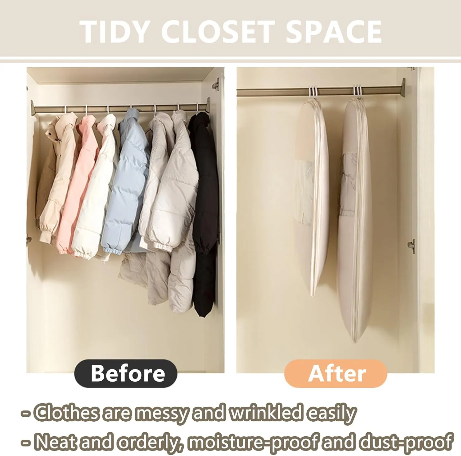 2025 New Space Saving Hanging Garment Bag, with Self Compression Zipper, Dust Cover Clothes Storage Bags for Down Coat, Space Saver Clothes Bags, Suitable for Long-Term Storage Organizers (Beige, L)