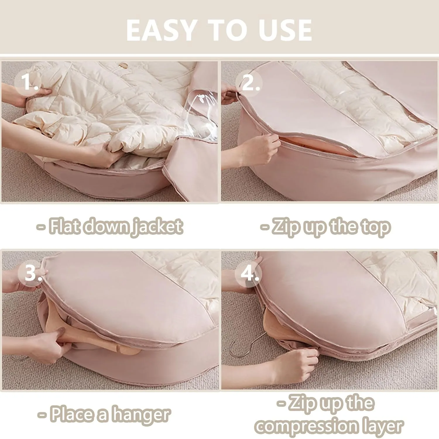 2025 New Space Saving Hanging Garment Bag, with Self Compression Zipper, Dust Cover Clothes Storage Bags for Down Coat, Space Saver Clothes Bags, Suitable for Long-Term Storage Organizers (Beige, L)
