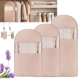 2025 Space Saving Hanging Garment Bag with Self Compression Zipper, 3pcs Space Saver Closet Organizers, Dust Cover Clothes Bags for Down Coat, Clear Garment Bags for Hanging Clothes Travel (Pink)