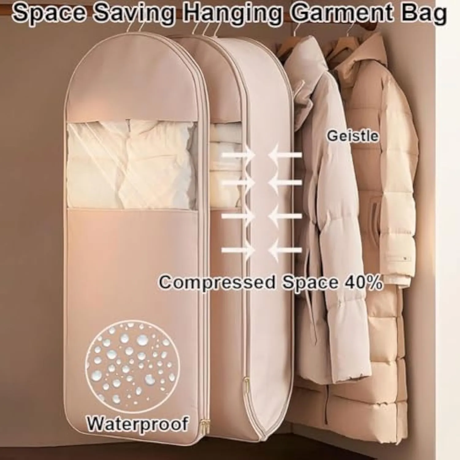 2025 Space Saving Hanging Garment Bag with Self Compression Zipper, 3pcs Space Saver Closet Organizers, Dust Cover Clothes Bags for Down Coat, Clear Garment Bags for Hanging Clothes Travel (Pink)