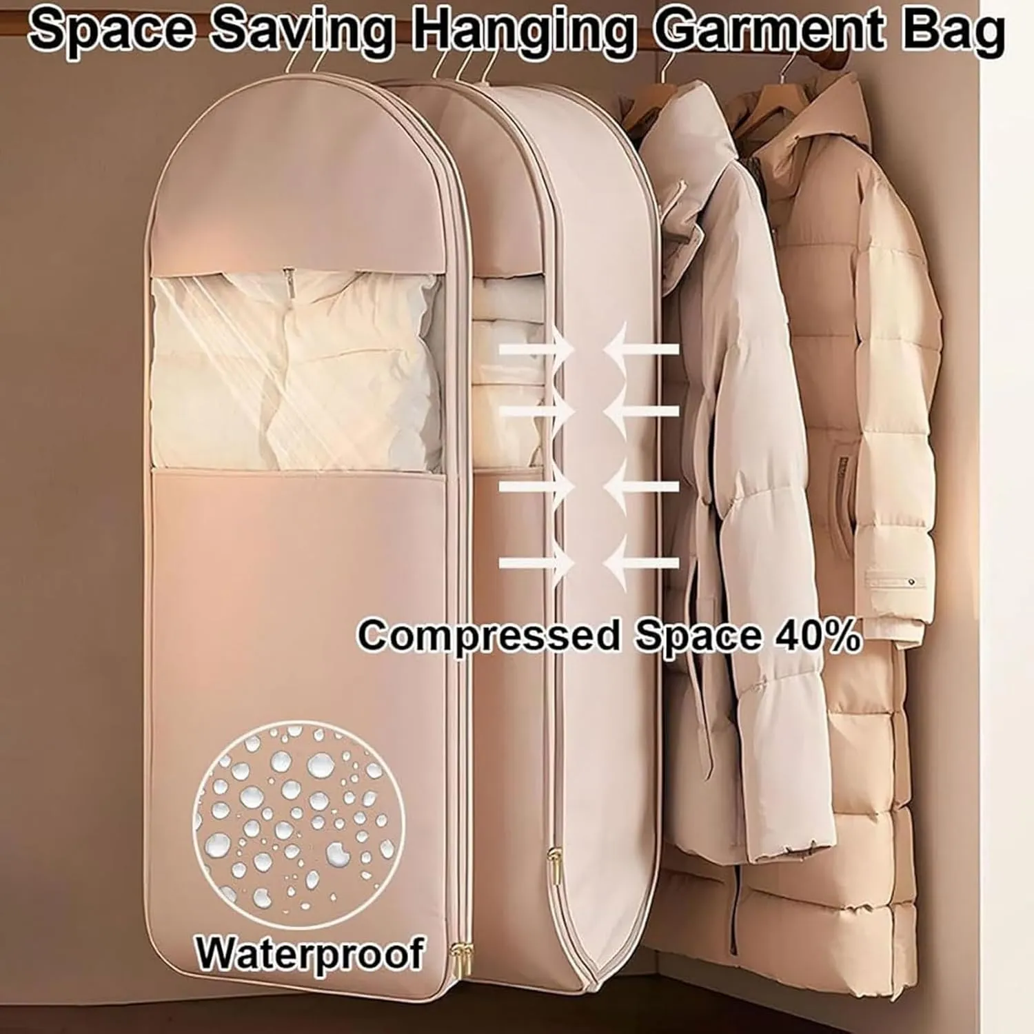 2025 Space Saving Hanging Garment Bag with Self Compression Zipper, Dust Cover Clothes Bags for Down Coat, Otherwisie Space Saver Hanging Garment Bags for Closet Storage (Pink,M)