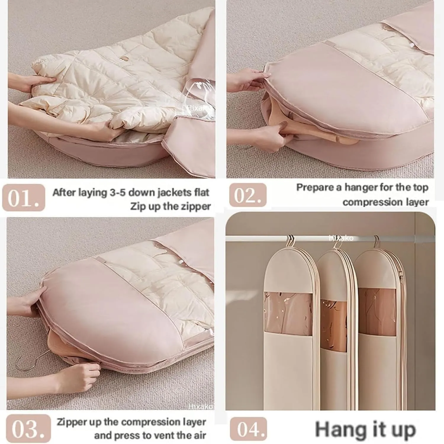 2025 Space Saving Hanging Garment Bag with Self Compression Zipper, Dust Cover Clothes Bags for Down Coat, Otherwisie Space Saver Hanging Garment Bags for Closet Storage (Pink,M)