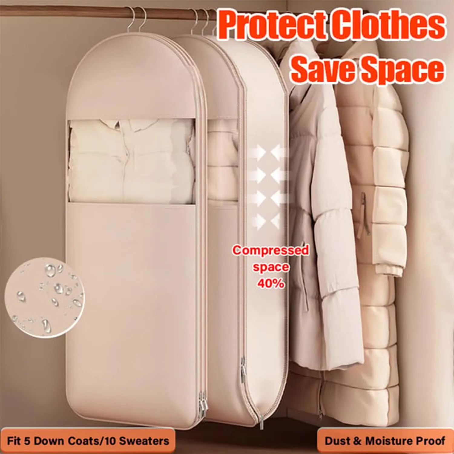 2025 Space Saving Hanging Garment Bag with Self Compression Zipper, Ultra Space Saving Self Compression Organizer, Clothes Protectors for Hanging Clothes, Coat Covers Garment Bag (Gray,L)