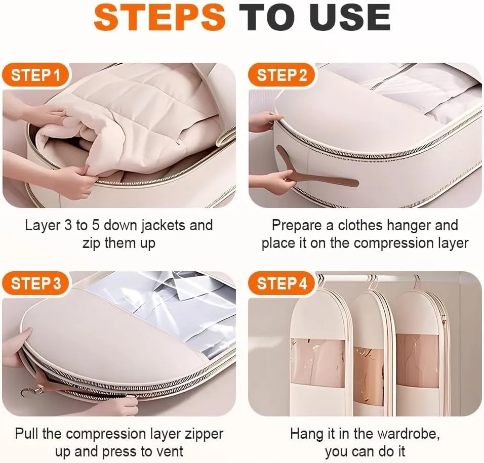 2025 Space Saving Hanging Garment Bag With Self, Space Saving Hanging Garment Bag With Self Compression Zipper, Dust Cover Clothes Bags For Down Coat (Light pink,M)
