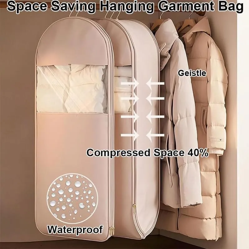 2025 Upgrade Space Saving Hanging Garment Bag With Self Compression Zipper, Space Saving Hanging Garment Bag with Self Compression Zipper, Hanging Protector for Coats (Beige, S)
