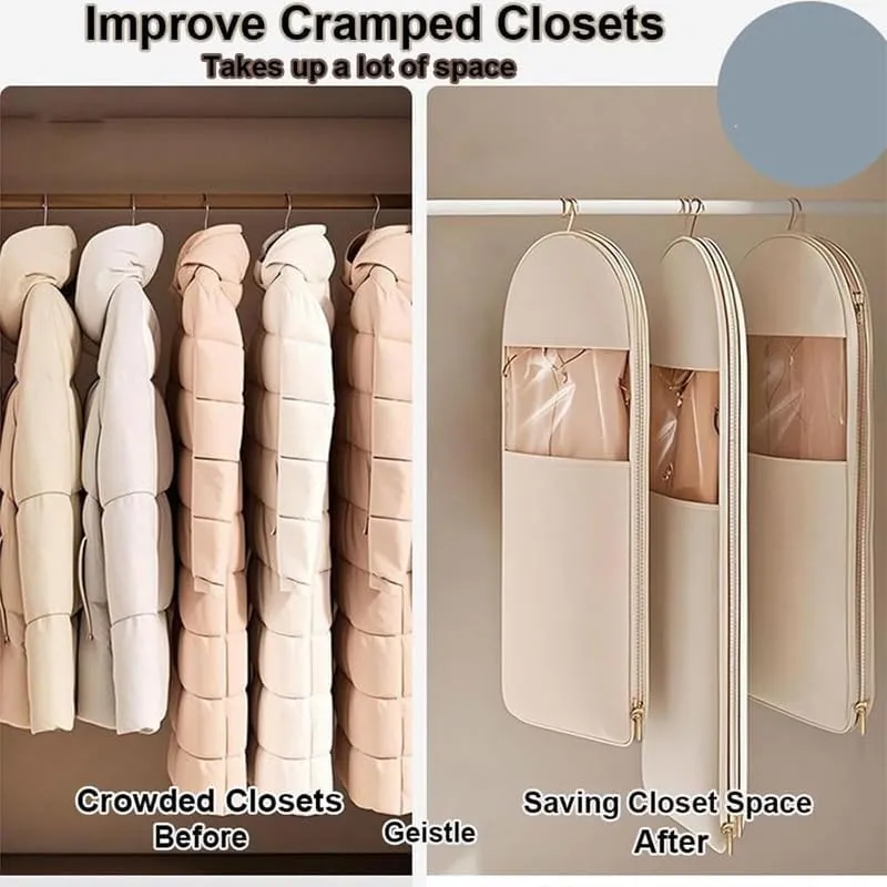 2025 Upgrade Space Saving Hanging Garment Bag With Self Compression Zipper, Space Saving Hanging Garment Bag with Self Compression Zipper, Hanging Protector for Coats (Beige, S)