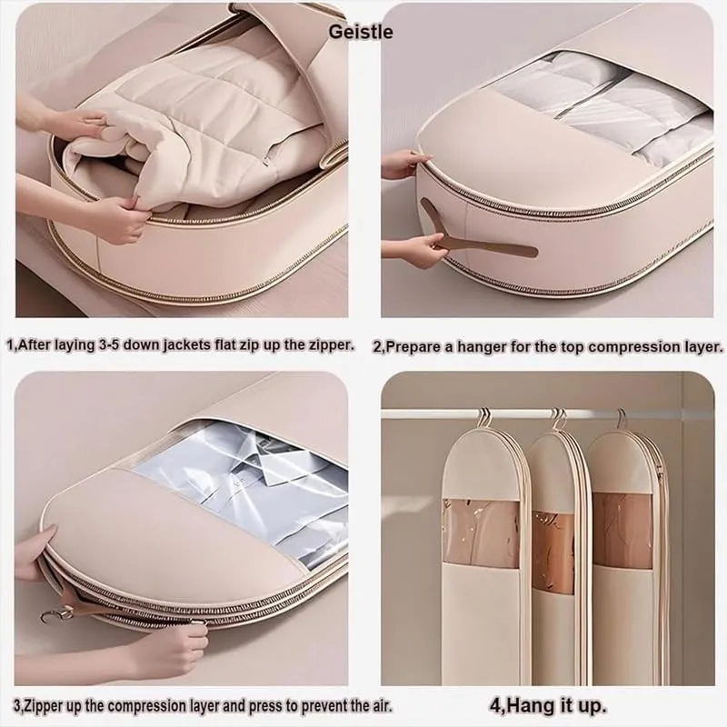 2025 Upgrade Space Saving Hanging Garment Bag With Self Compression Zipper, Space Saving Hanging Garment Bag with Self Compression Zipper, Hanging Protector for Coats (Beige, S)