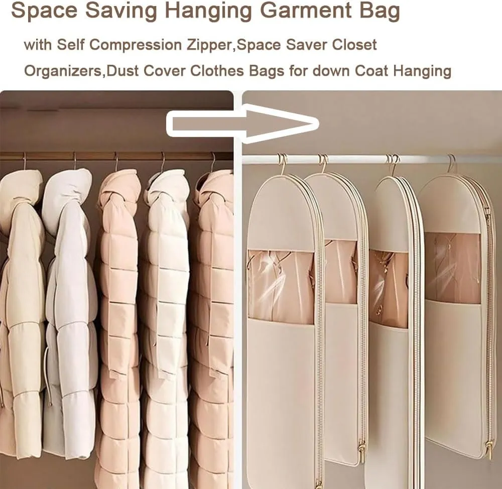 3pcs Space Saving Hanging Garment Bag, Space Saving Hanging Garment Bag with Self Compression Zipper (Beige_3size)