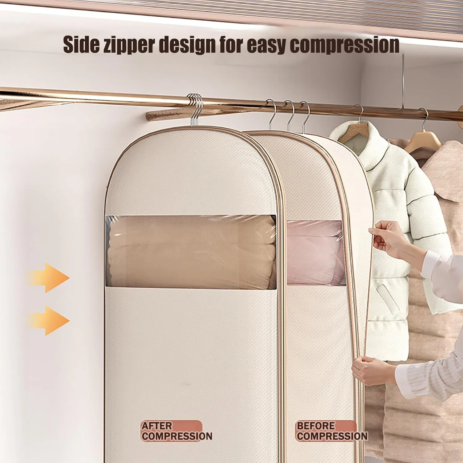 3Pcs Space Saving Hanging Garment Bag With Self Compression Zipper,Transparent Visibility Space Saving Hanging Protector for Down Coat,Winter Coat Storage Protector Clothes Bags (3pcs Beige)