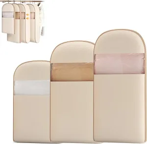 3Pcs Space Saving Hanging Garment Bag With Self Compression Zipper,Transparent Visibility Space Saving Hanging Protector for Down Coat,Winter Coat Storage Protector Clothes Bags (3pcs Beige)