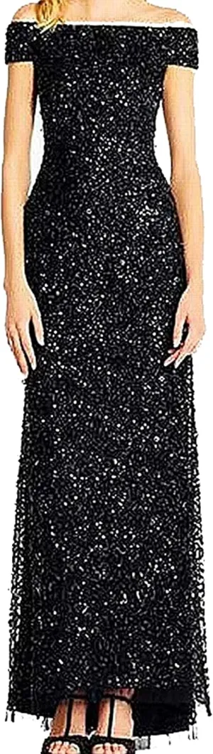 Adrianna Papell Women's Off The Shoulder Sequin Beaded Gown