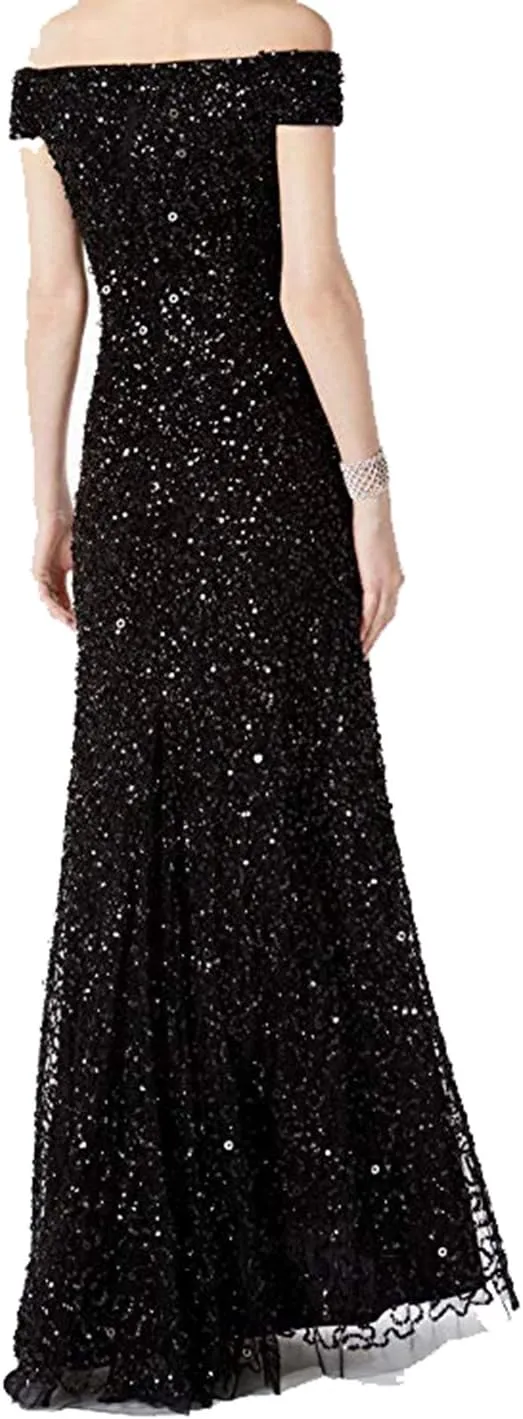 Adrianna Papell Women's Off The Shoulder Sequin Beaded Gown