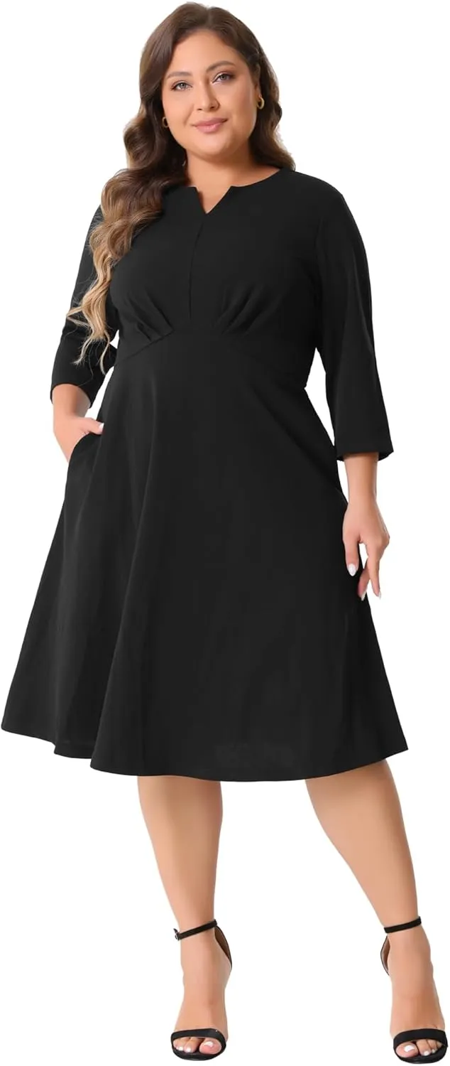Agnes Orinda Plus Size Dress for Women Casual Wedding Guest Work Midi Notched V Neck 3/4 Sleeve A-Line Dresses