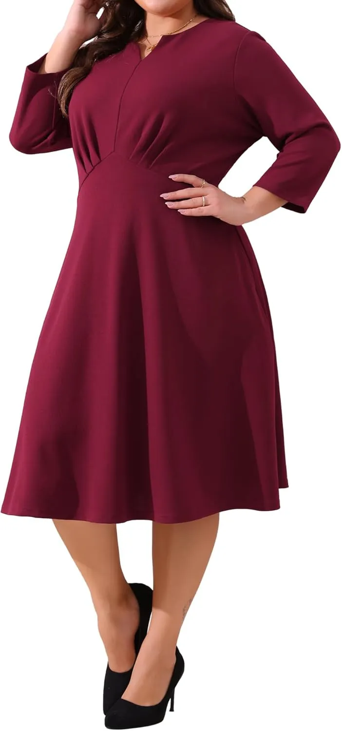 Agnes Orinda Plus Size Dress for Women Casual Wedding Guest Work Midi Notched V Neck 3/4 Sleeve A-Line Dresses