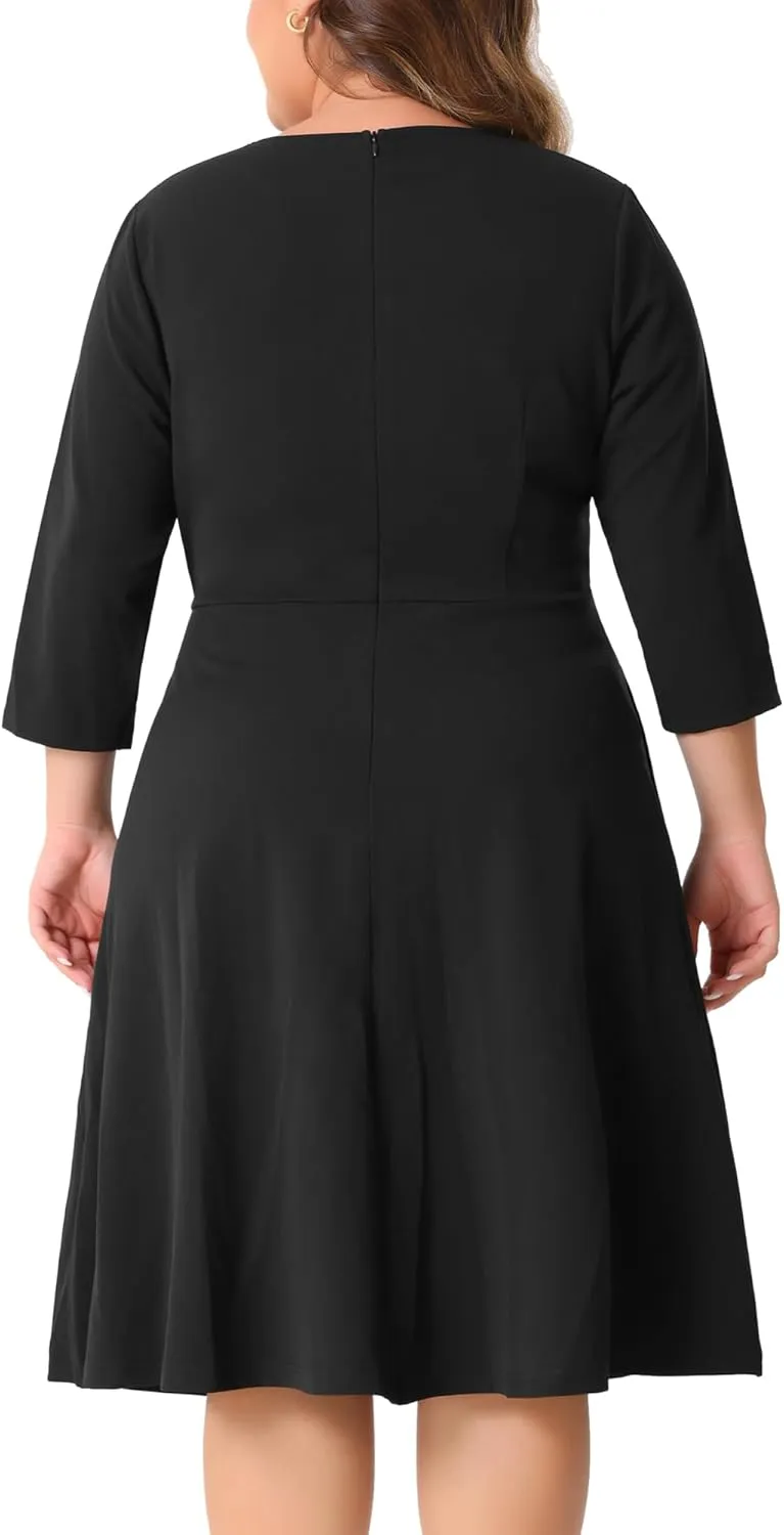 Agnes Orinda Plus Size Dress for Women Casual Wedding Guest Work Midi Notched V Neck 3/4 Sleeve A-Line Dresses
