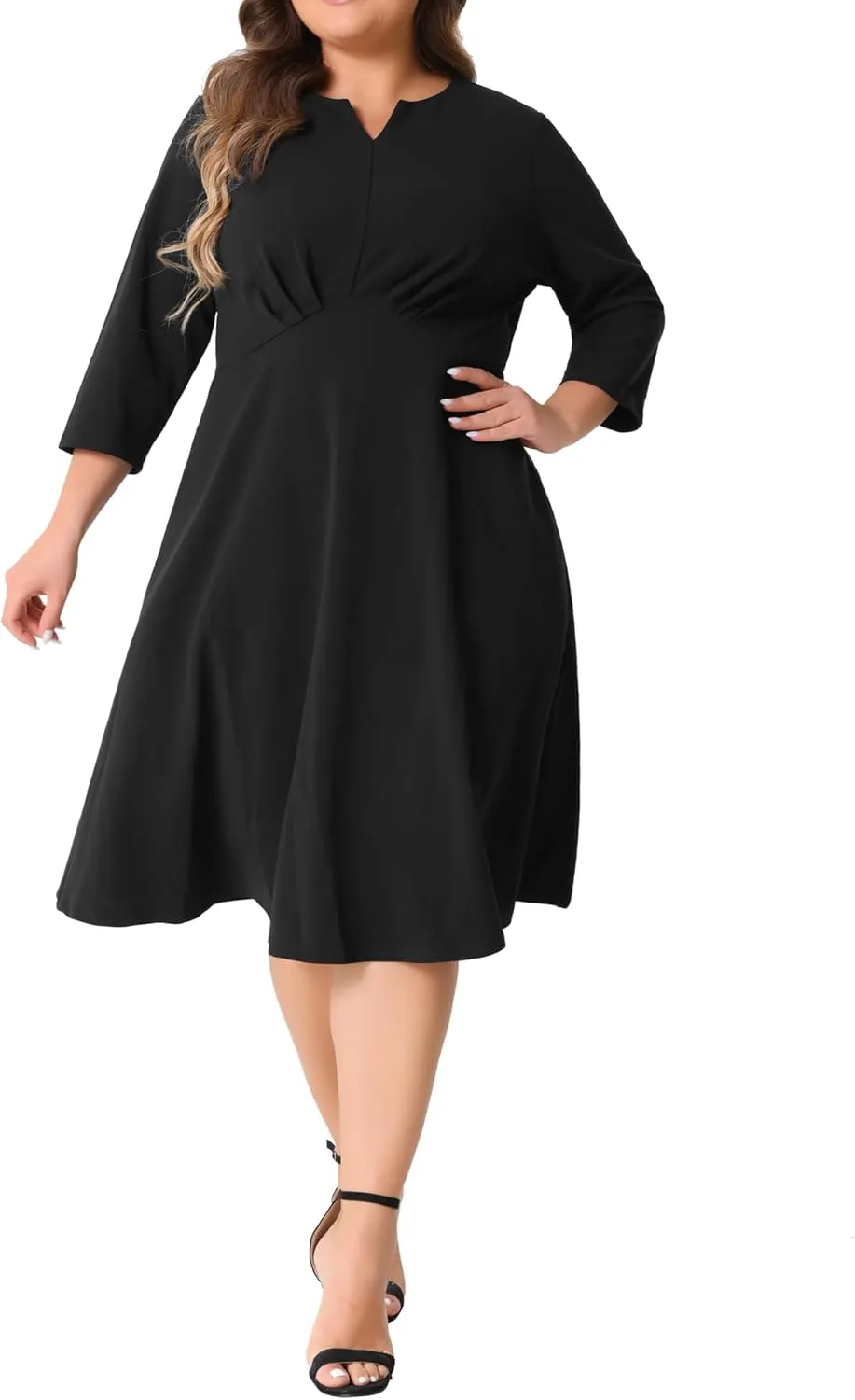 Agnes Orinda Plus Size Dress for Women Casual Wedding Guest Work Midi Notched V Neck 3/4 Sleeve A-Line Dresses