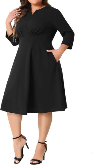 Agnes Orinda Plus Size Dress for Women Casual Wedding Guest Work Midi Notched V Neck 3/4 Sleeve A-Line Dresses