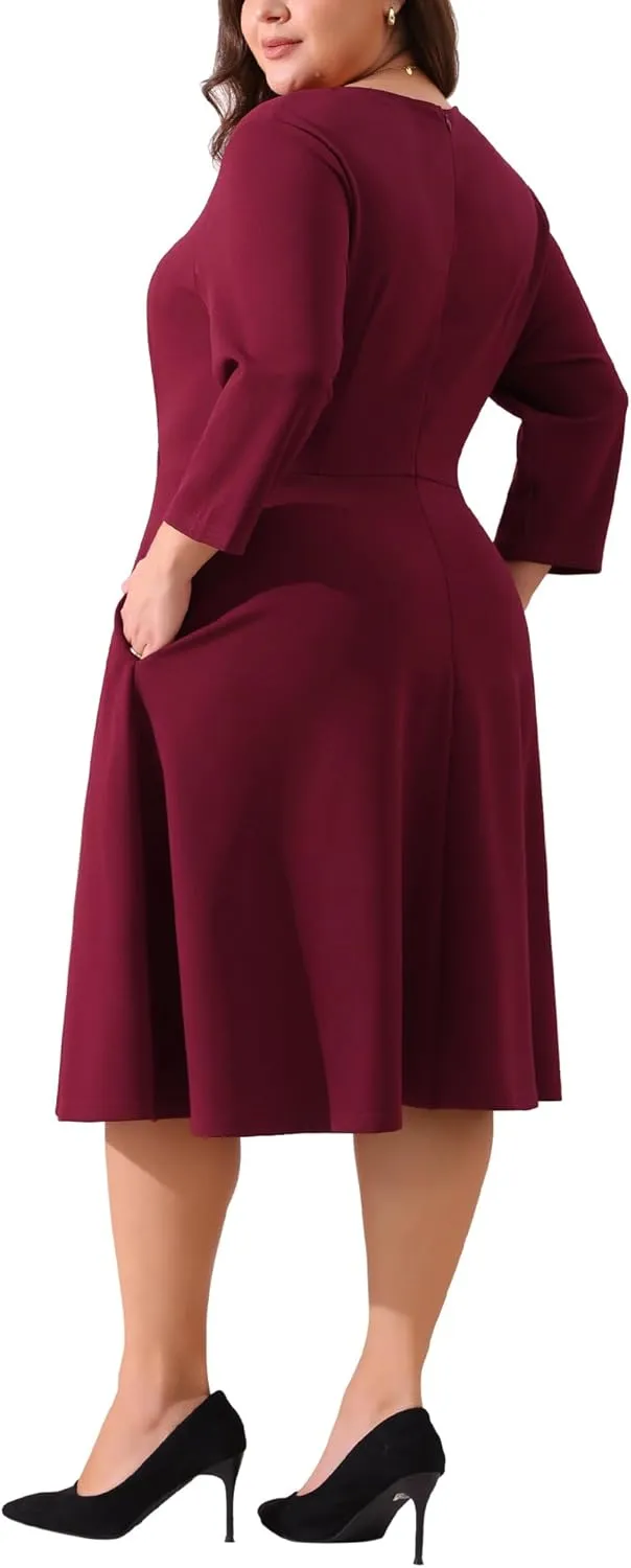 Agnes Orinda Plus Size Dress for Women Casual Wedding Guest Work Midi Notched V Neck 3/4 Sleeve A-Line Dresses