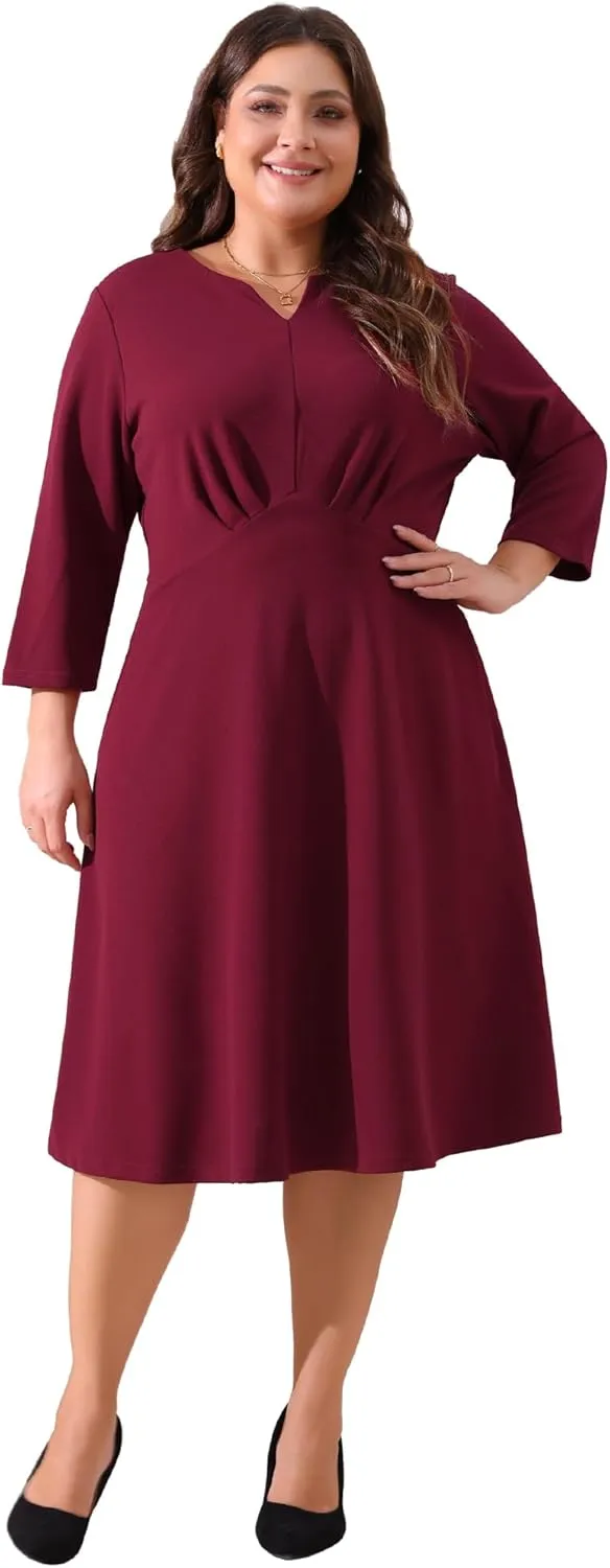 Agnes Orinda Plus Size Dress for Women Casual Wedding Guest Work Midi Notched V Neck 3/4 Sleeve A-Line Dresses