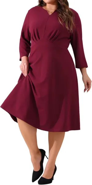 Agnes Orinda Plus Size Dress for Women Casual Wedding Guest Work Midi Notched V Neck 3/4 Sleeve A-Line Dresses