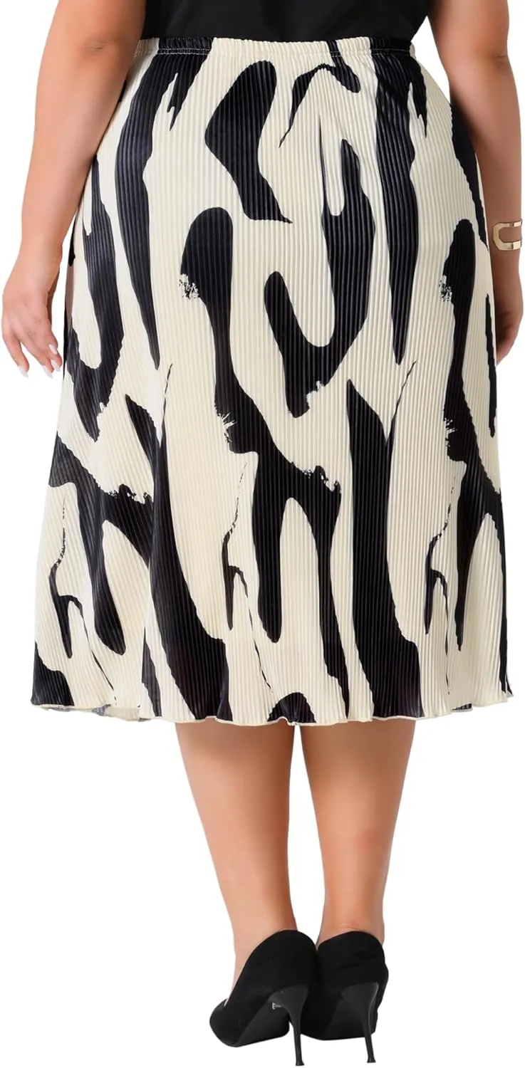 Agnes Orinda Plus Size Skirts for Women Trendy Summer Print Pleated High Waisted Business Casual A-Line Midi Skirt