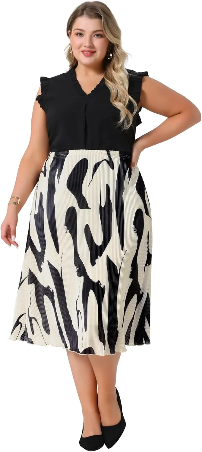 Agnes Orinda Plus Size Skirts for Women Trendy Summer Print Pleated High Waisted Business Casual A-Line Midi Skirt