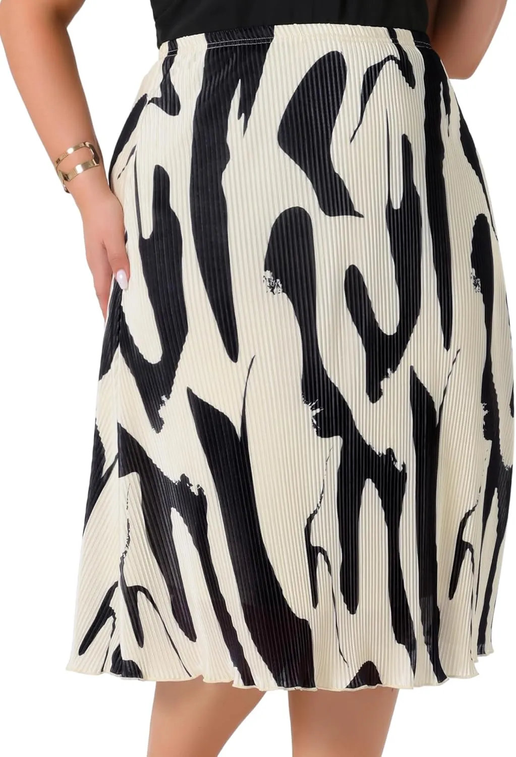 Agnes Orinda Plus Size Skirts for Women Trendy Summer Print Pleated High Waisted Business Casual A-Line Midi Skirt