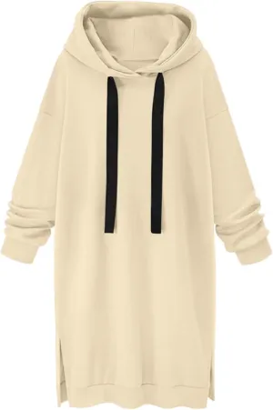Akklian Women's Hoodie Sweatshirt Dress Knee Length Long Pullover Tops Split Hem Drawstring Hoodies Fall Winter Plush Sweater