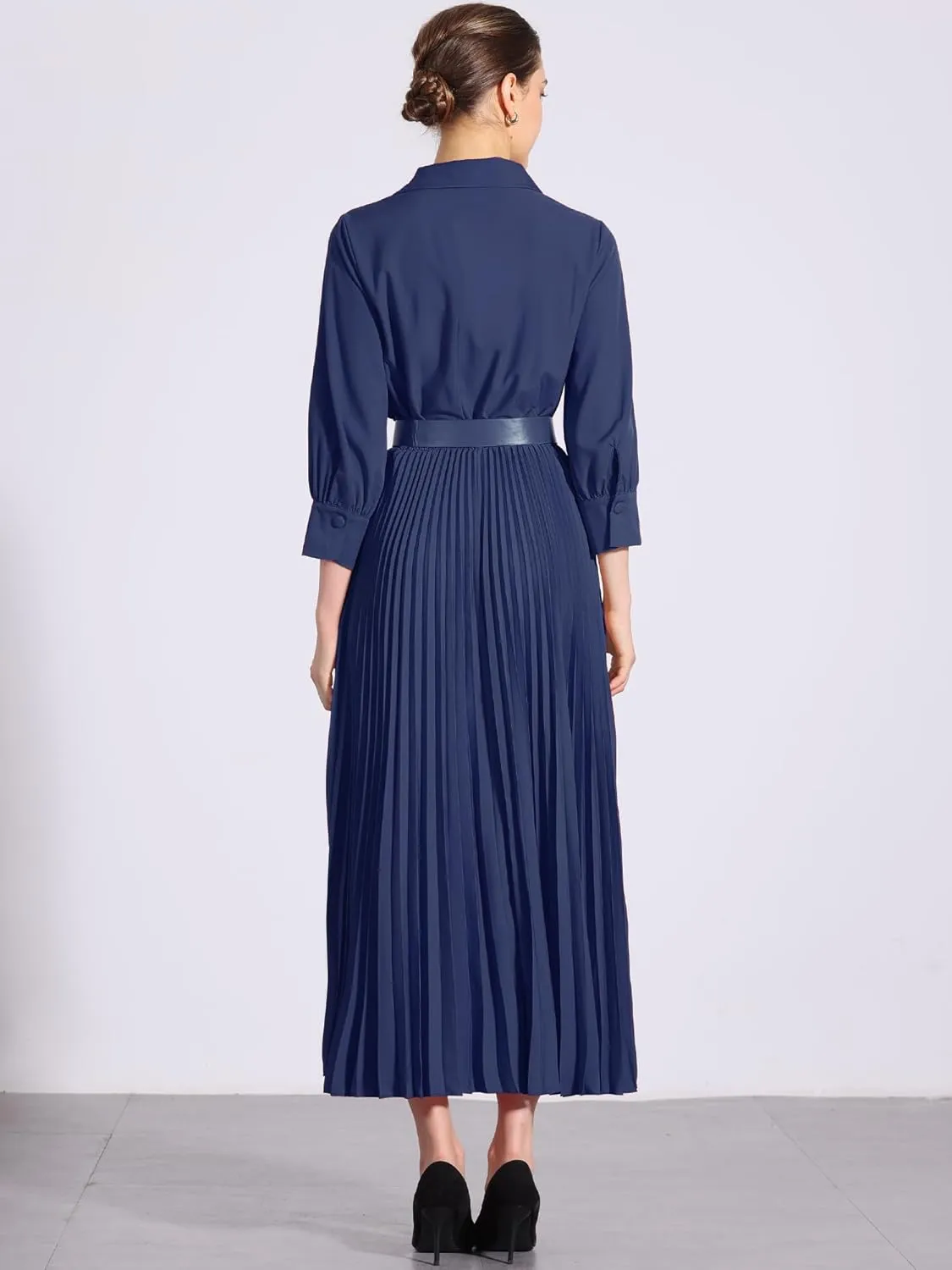 Allegra K Elegant Pleated Dress for Women's 3/4 Sleeves Collar V Neck Belted Maxi Dresses