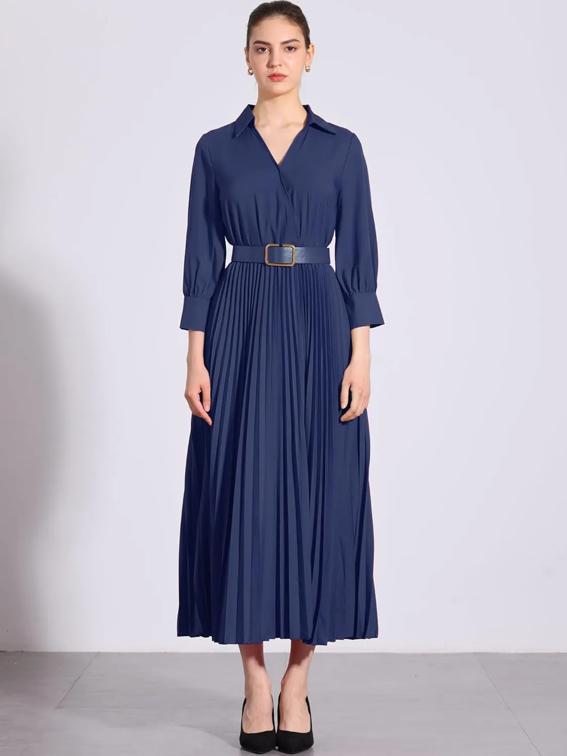 Allegra K Elegant Pleated Dress for Women's 3/4 Sleeves Collar V Neck Belted Maxi Dresses