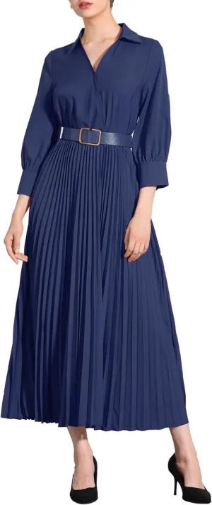 Allegra K Elegant Pleated Dress for Women's 3/4 Sleeves Collar V Neck Belted Maxi Dresses