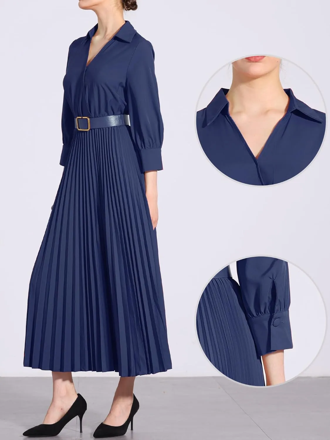 Allegra K Elegant Pleated Dress for Women's 3/4 Sleeves Collar V Neck Belted Maxi Dresses